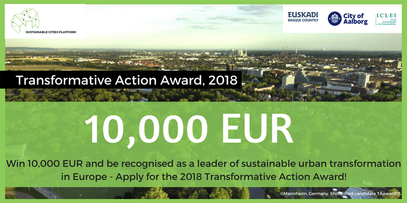 El Premio Acción Transformadora 2018 convocado por la Plataforma Europea de Ciudades Sostenible está dotado con 10.000 euros para la ciudad, región o municipio ganador.