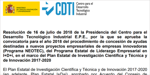 El CDTI destina 25 millones de euros a pequeñas empresas innovadoras para su desarrollo tecnológico