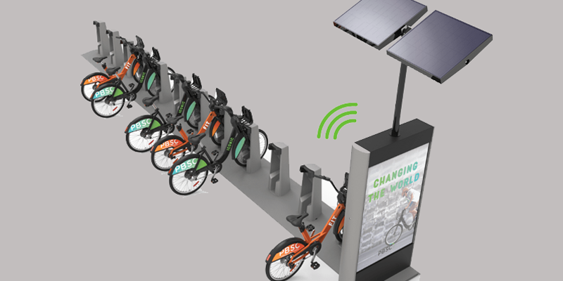 Ejemplo de estación de bicicletas eléctricas compartidas de la compañía PBSC Urban Solutions que proveerá las nuevas bicis del sistema de Barcelona.