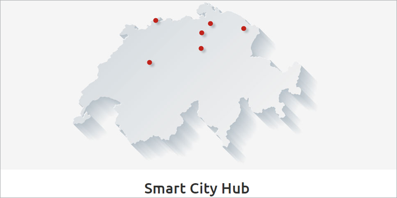 Mapa de Suiza con puntos rojos que señalan las ciudades que forman parte de Smart City Hub 