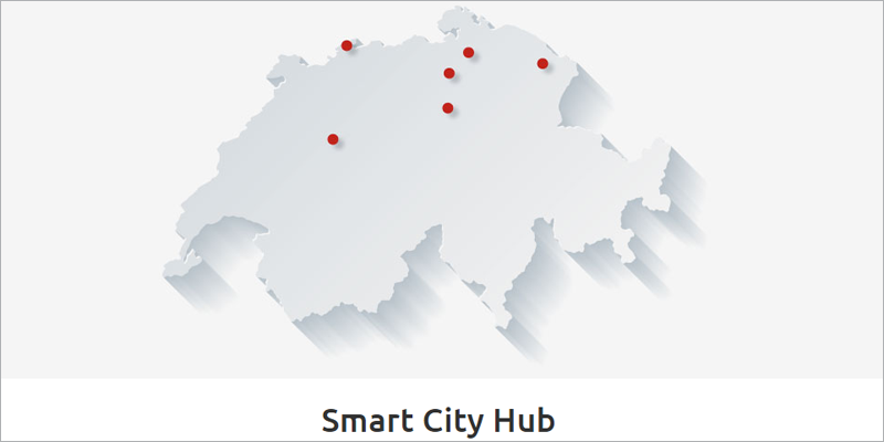 Mapa de Suiza con puntos rojos que señalan las ciudades que forman parte de Smart City Hub