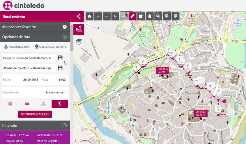 Interfaz de búsqueda sobre un mapa de Toledo para establecer rutas. El planificador de rutas intermodal facilita todo tipo de información para moverse por la ciudad. 