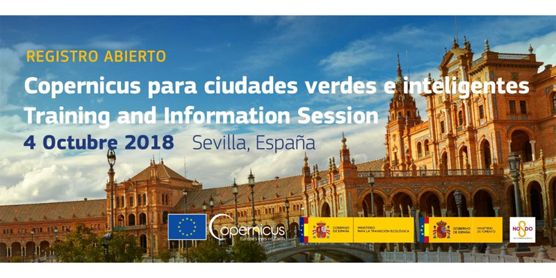 Cartel anuncia el registro abierto a la sesión de capacitación e información de Copernicus en Sevilla sobre una foto con parte de la Plaza de España de Sevilla.