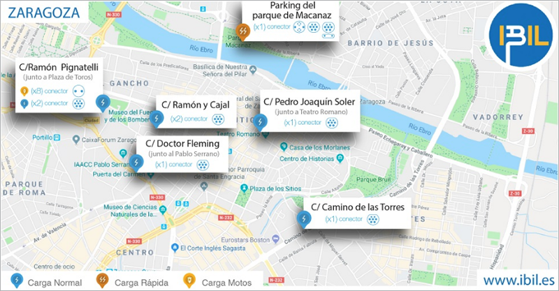 Mapa de Zaragoza con la ubicación de los nuevos puntos de recarga eléctrica disponibles desde el pasado viernes.