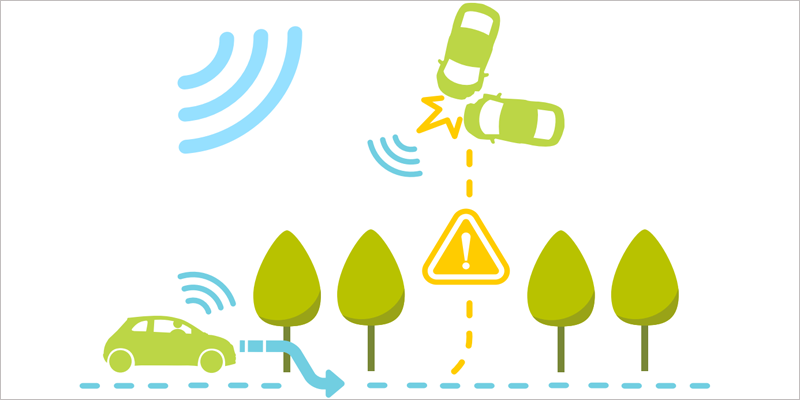 Esquema con vehículos conectados, árboles y vehículos no conectados que se chocan entre ellos.
