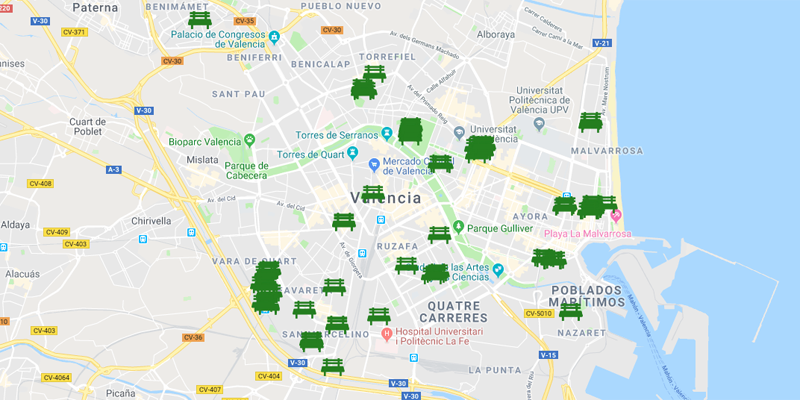 Mapa virtual con la ubicación de los bancos 100% reciclados adquiridos por el Ayuntamiento de Valencia con ayuda de la herramienta "Guf Tool" desarrollada como parte del piloto del proyecto europeo "Life Future".