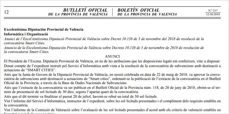 Publicación de la resolución por la que se conceden ayudas para iniciativas de ciudad inteligente a 16 municipios de la provincia de Valencia.