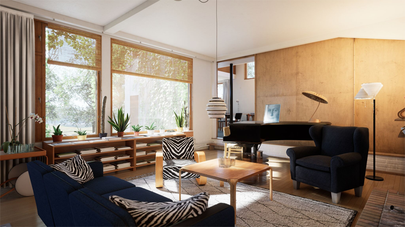 Imagen de realidad virtual de una de las estancias de la vivienda del famoso arquitecto finés Alvar Aalto, que también se puede visitar.