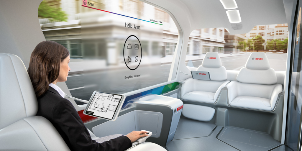 Imagen que muestra cómo será el interior del vehículo lanzadera, eléctrico y sin conductor, que presenta Bosch en Las Vegas estos días.
