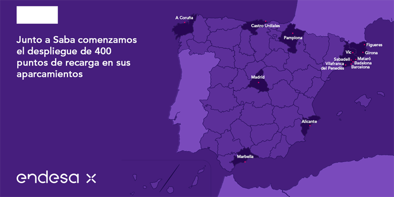 Mapa de los aparcamientos de la empresa Saba en diferentes ciudades de España que cuentan con puntos de recarga con gestión de Endesa.