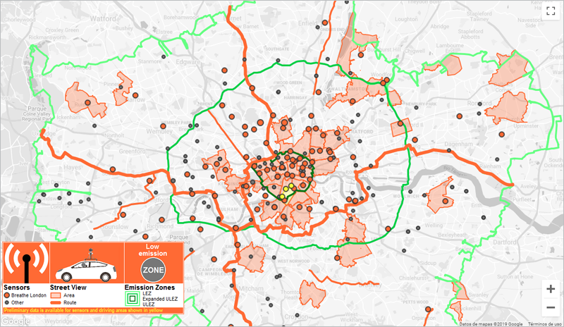 Mapa de sensores fijos y sensores móviles de la red de Londres.