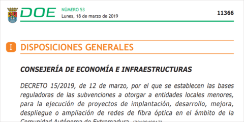 Extremadura concederá hasta 19.000 euros a 23 entidades locales menores para la extensión de fibra óptica