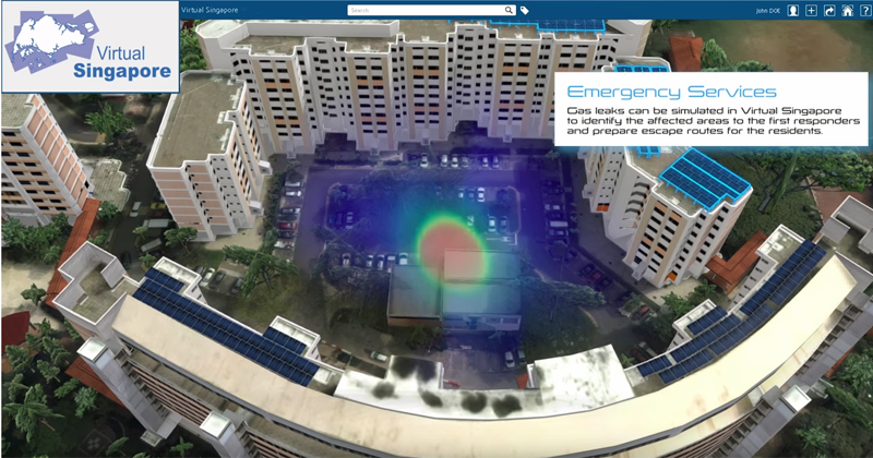 Simulación de una fuga de gas en la copia virtual de una zona de la ciudad para determinar las áreas que se verían afectadas y preparar rutas de evacuación para los residentes.