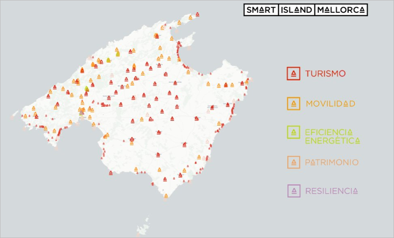 Mapa de acciones que llevará a cabo el proyecto "Smart Island Mallorca" en diferentes puntos de la isla, en materia de turismo, movilidad. eficiencia energética, patrimonio y resiliencia.