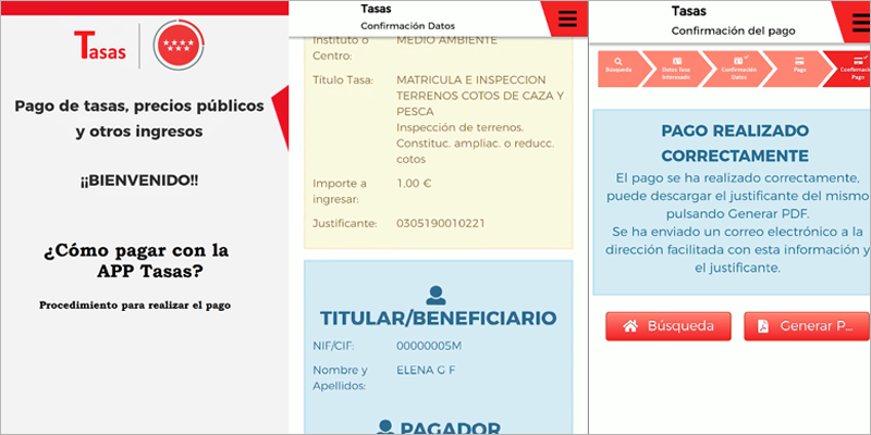 Interfaz de usuario de diferentes pasos dentro del proceso de pagos de precios públicos e impuestos a través de la aplicación de la Comunidad de Madrid "Tasas".