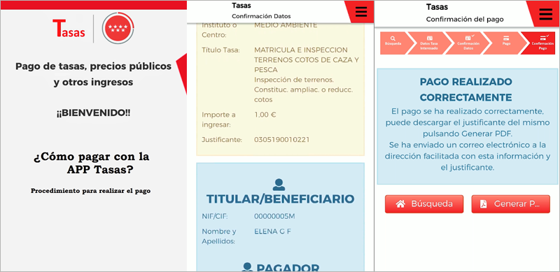 Interfaz de usuario de diferentes pasos dentro del proceso de pagos de precios públicos e impuestos a través de la aplicación de la Comunidad de Madrid "Tasas".