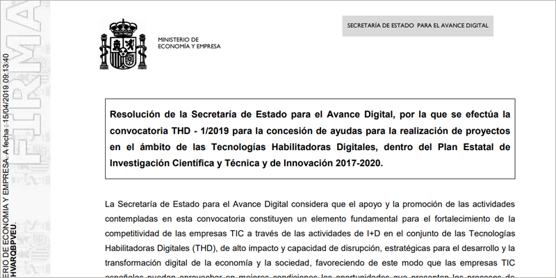 Extracto de la convocatoria de ayudas destinadas a proyectos de I+D en tecnologías habilitadoras digitales.