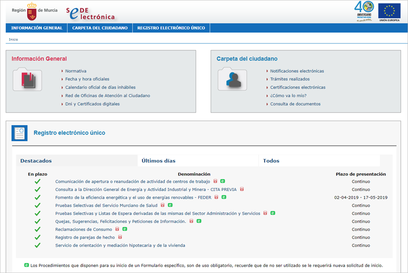 Interfaz de la sede electrónica de la web de la Región de Murcia. 