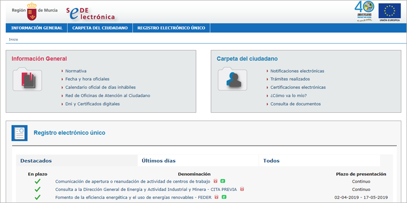 Interfaz de la sede electrónica de la web de la Región de Murcia.