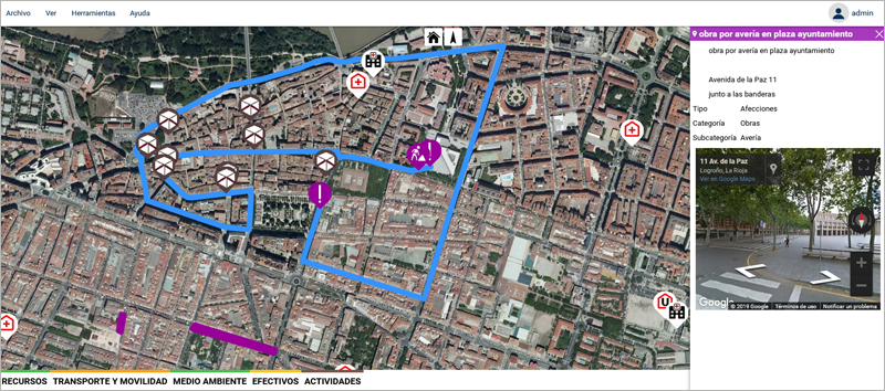 Mediante sistema GIS, se ofrece toda la información gelocalizada de afecciones en la vía pública, entre otros datos medioambientales y de transporte.