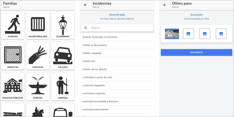Interfaz de la aplicación Gecor que muestra diferentes pasos para comunicar incidencias que los ciudadanos pueden encontrarse en la ciudad de Torremolinos.