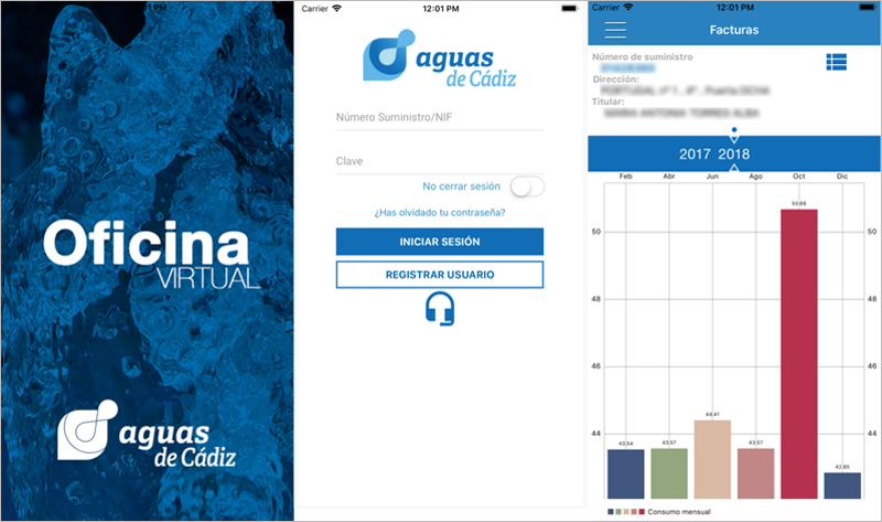 Interfaz de la aplicación de Aguas de Cádiz, que lleva al móvil la posibilidad de realizar trámites de la Oficina Virtual vinculados al suministro de agua de cada abonado.