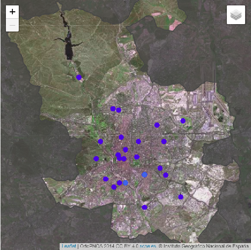 Mapa interactivo sobre la red meteorológica urbana en la ciudad de Madrid, donde se pueden consultar los datos que transmiten los sensores.