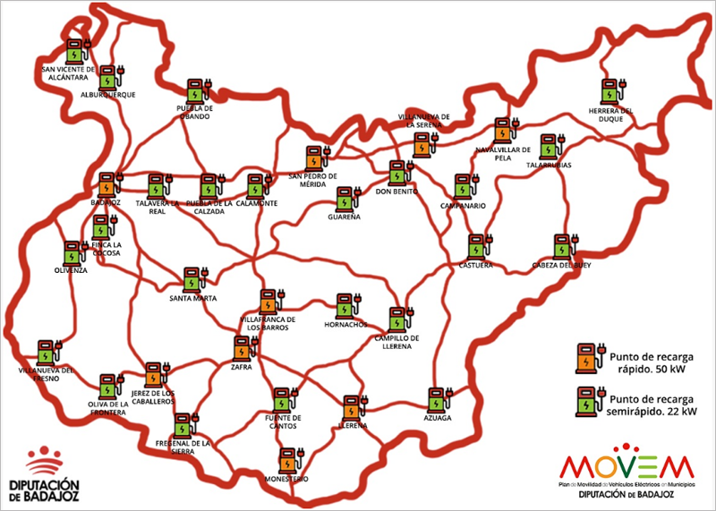 Mapa de la provincia de Badajoz con la ubicación de los 32 puntos de carga de la red que acaba de sacar a concurso la diputación.