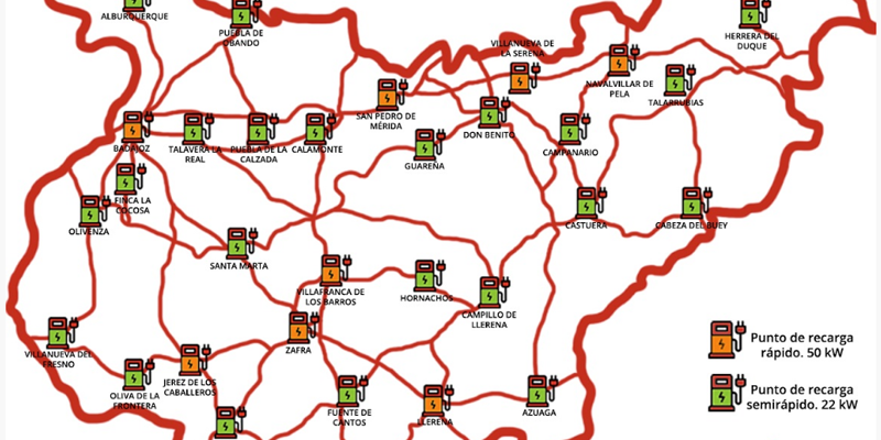 Mapa de la provincia de Badajoz con la ubicación de los 32 puntos de carga de la red que acaba de sacar a concurso la diputación.