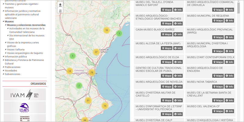 Además de la ubicación de cada uno de los museos de la Comunidad Valenciana, el nuevo mapa interactivo dispone de toda la información de interés para quienes quieran visitar estos espacios.
