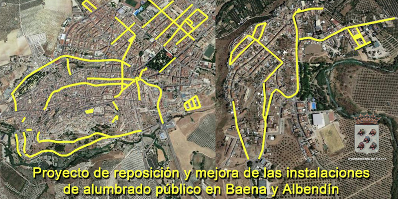 Trazado en amarillo de las calles de Baena (Córdoba) en las que serán sustituidos los actuales puntos de luz por luminarias LED que se sumarán al sistema de telegestión del alumbrado público del municipio.