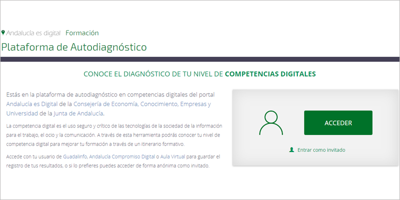 Interfaz de la plataforma online de autoevaluación de competencias digitales de la Junta de Andalucía.