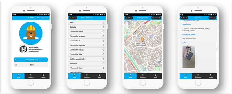 Imagen que muestra las interfaces de la aplicación para notificar incidencias en la vía pública denominada "El Topo".