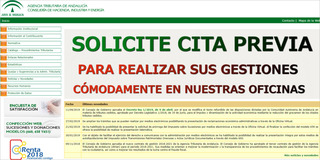 Pantallazo de la web de la Agencia Tributaria de Andalucía.