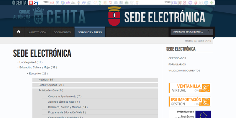Interfaz de la Sede Electrónica de la Ciudad Autónoma de Ceuta.