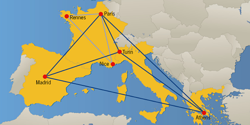 Mapa de Europa con los países que forman parte del proyecto unidos por líneas que forman una red. Segittur forma parte de este proyecto europeo que quiere desarrollar una plataforma de validación de casos de uso 5G en Europa, con socios de Grecia, Francia e Italia. Imagen: Proyecto "5G-EVE".