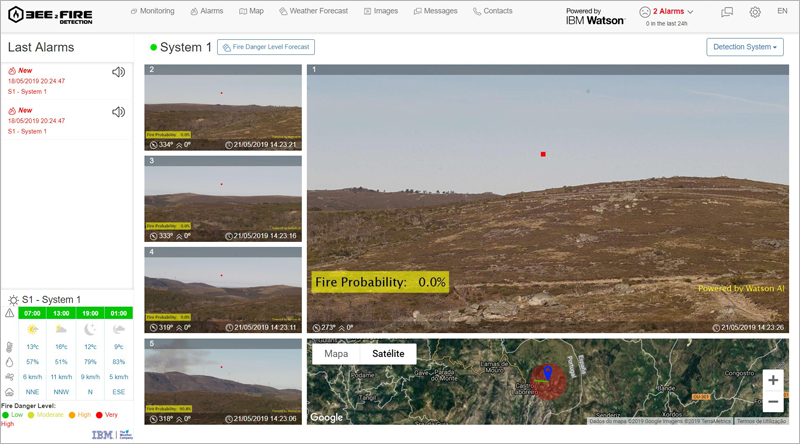 Pantallas de monitorización de zonas que ofrece el sistema, basado en inteligencia artificial, videovigilancia y termografía, para calcular la probabilidad de que ocurra un incendio.