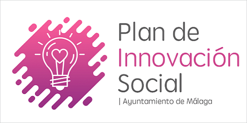 Bombilla sobre fondo rosado junto al letrero "Plan de Innovación Social" Ayuntamiento de Málaga.