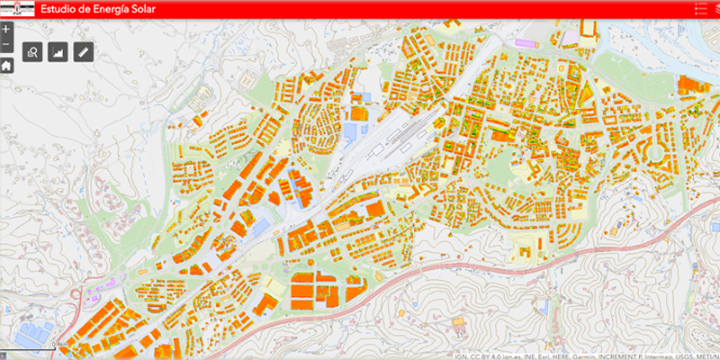 Visor en el que se muestra un mapa que representa el estudio de energía solar del Ayuntamiento de Irún.