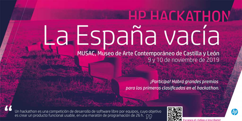 Cartel que anuncia el Hackathon “La España Vacía” en el Museo de Arte Contemporáneo de Castilla y León (MUSAC) entre los días 9 y 10 de noviembre..