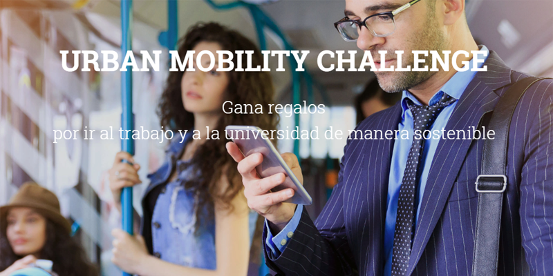 Cartel Urban Mobility Challenge sobre una imagen de varias personas en autobús, uno de ellos, mirando el móvil.