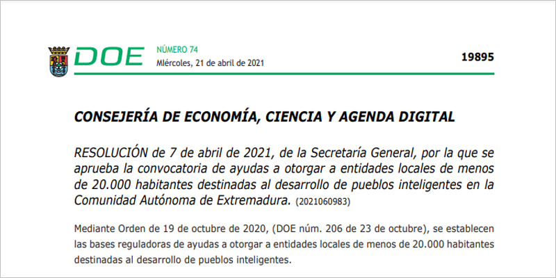 Convocatoria de ayudas para el desarrollo inteligente de pueblos en Extremadura