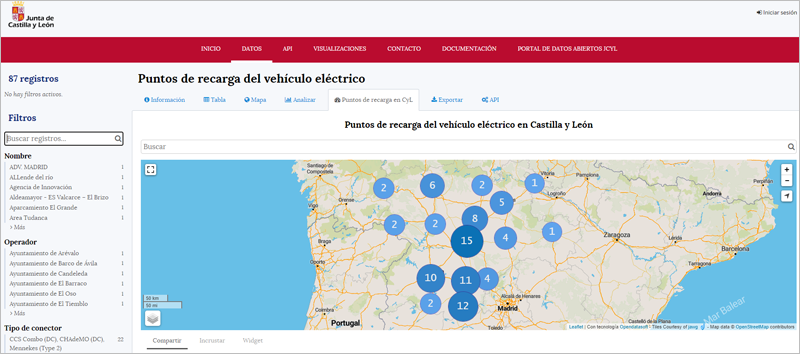 Mapa de puntos de recarga de acceso público en Castilla y León
