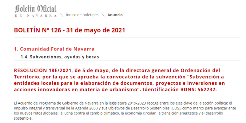 Convocatoria de ayudas a la innovación urbanística para entidades locales de Navarra 