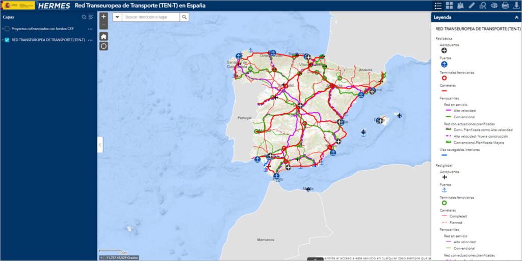 Nuevo visualizador de las infraestructuras de transporte de la Red Transeuropea de Transporte en España