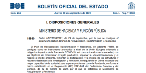 Dos órdenes ministeriales regulan el sistema de gestión e información de los fondos del Plan de Recuperación