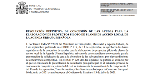 Concesión definitiva de las ayudas para pilotos de Planes de Acción Local de la Agenda Urbana Española