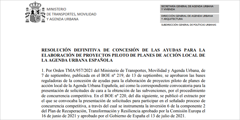 Adjudicación definitiva de las ayudas para elaborar pilotos de Planes de Acción Local de la Agenda Urbana Española
