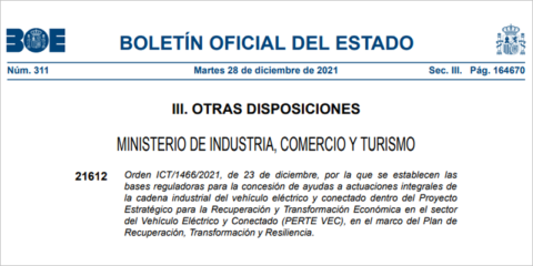 Aprobadas las bases de las ayudas del PERTE para desarrollar el vehículo eléctrico y conectado