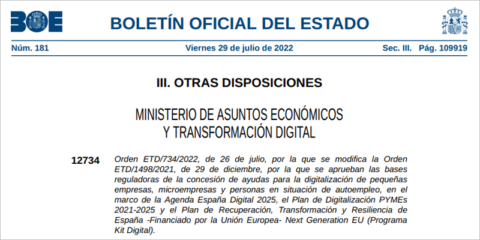 Modificación de la orden de bases del programa de ayudas a la digitalización empresarial Kit Digital